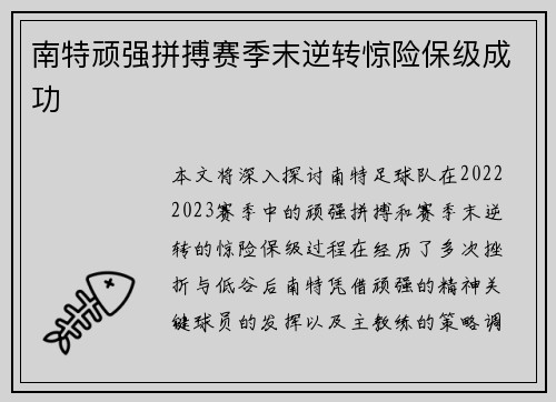 南特顽强拼搏赛季末逆转惊险保级成功 南特顽强拼搏赛季末逆转惊险保级成功